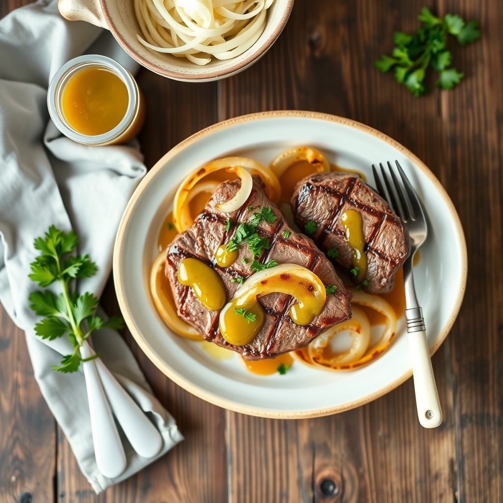 Honey Mustard Steaks With Grilled Onions