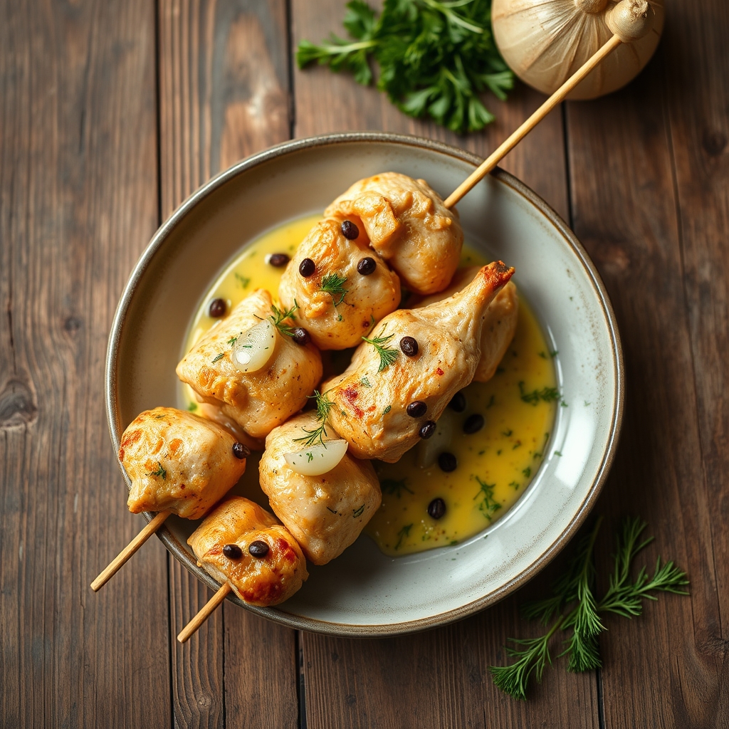 Skewered Chicken In Mustard Dill